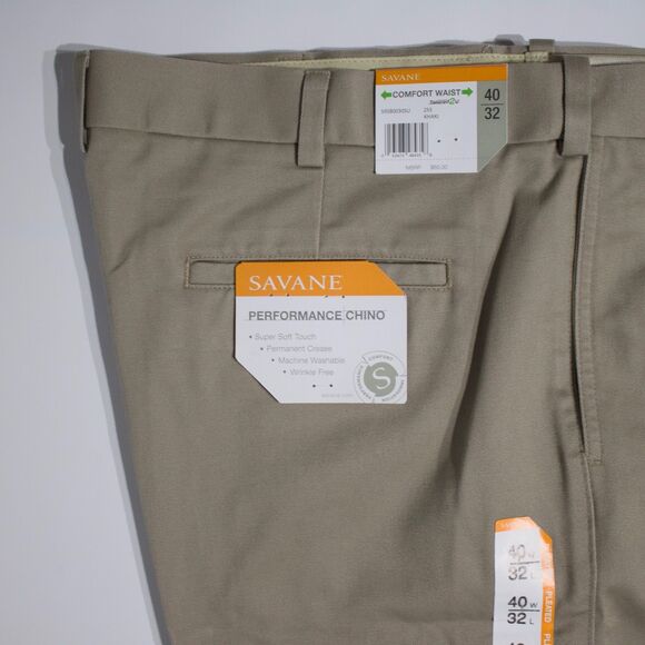 NWT Savane Pleated Performance Chino Elastic Comfort Waist Khaki Beige Men 40x32 - Picture 4 of 10